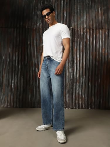 Image of High Star Men Cotton Washed Loose Fit Casual Mid-Rise Jeans