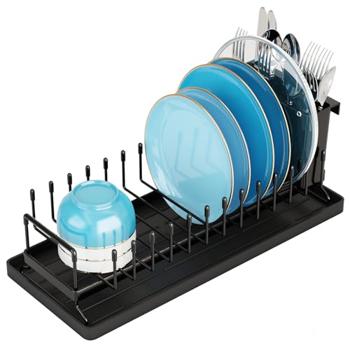 ANTOPY Small Dish Drying Rack – Compact Dish Rack for Kitchen Counter with Silicone Dish Drying Mat, Stainless Steel Dish Drainer for Kitchen Sink Cabinet, Space Saving Plate Rack Cutlery Holder