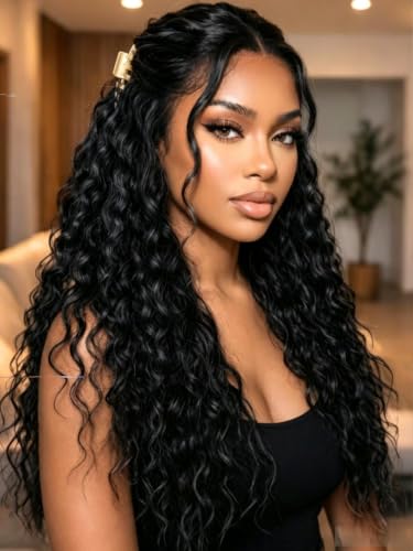 Image of KLAIYI Water Wave Pre Everything 13x4 HD Lace Frontal Human Hair Wig with Baby Hair Drawstring Glueless Pre Plucked Bleached Bye Bye Knots Curly 30S Ready to Wear and Go Wig Beginner Friendly 24Inch