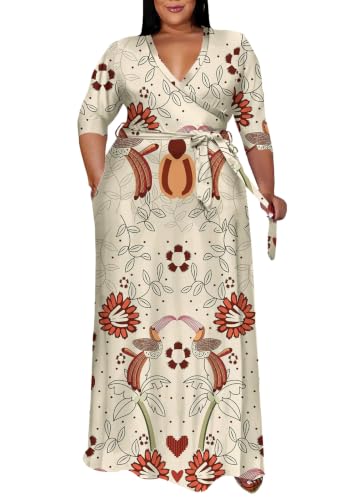Image of Runwind Plus Size Wrap Dress for Women, Maxi A-Line Dresses with Belt | Versatile maxi for weddings church holiday parties, 3 /4 Sleeve V-neck with pcckets, soft stretchy fabric, 1X-6X