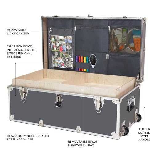 Image of Large Essential Trunk With Wheels, Tray, & Lid Organizer - 32 inchx18 inchx14 inch, 1000+ lbs Capacity. Strong, USA Made Summer Camp Footlocker, and Secure College Dorm Storage Chest (Camp and College, Slate)