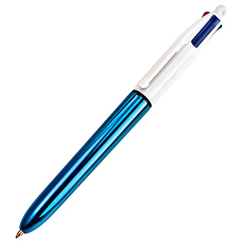 Caneta Bic 4 Cores – Ponta Esferográfica Retrátil Média de 1.0mm – Corpo Azul Metálico, Pacote com 1