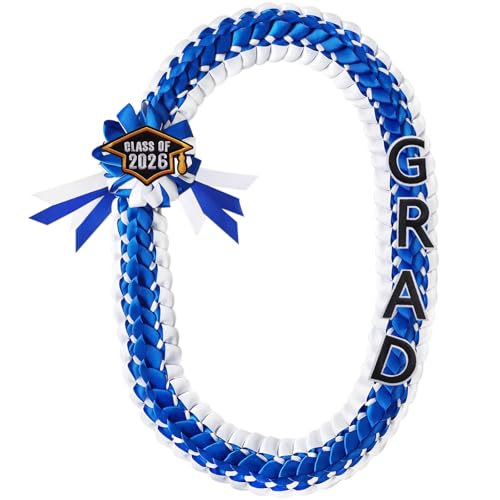 JIMILIFE Graduation Leis 2026 Graduation Ribbon Lei Double Braided Necklace Handmade Congrats Graduates Money Leis Blue and White
