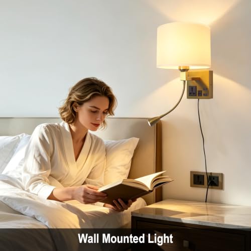 Image of Plug in Wall Sconce, Wall Lights for Bedroom with Bulb Included | Wall Mount Reading Light 360Adjustable, Adjustable Color Temperature, Bedside Lamp with AC Outlet & USBA+C Charging Port