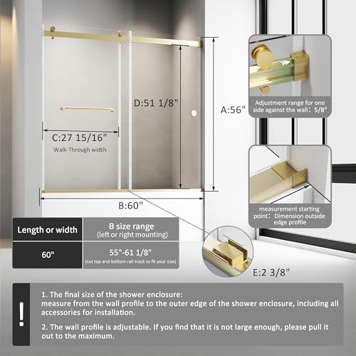 Image of Bathtub Sliding Door 55 inch-60 inch W x 56 inch H Tub Shower Door, Frameless Bypass Bathtub Door Glass, Double Sliding Tempered Glass with Explosion-Proof Film Stainless Steel Gold