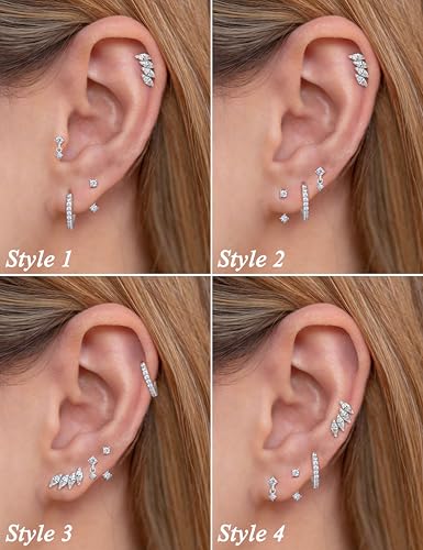 LOLIAS 4 Pairs 14K Gold Plated Stud Earrings for Women - Dainty Hypoallergenic Flat Back Cartilage Earring Sets for Multiple Piercing - Silver Gold Small Dangle Huggie Hoop Stud Earrings Stacks3