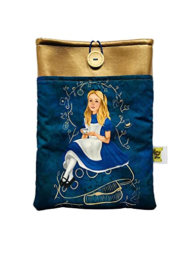 Funda artesanal grande para libros y tablets de Alicia en el país de las Maravillas + marcapáginas regalo, algodón ecológico, acolchada, con...