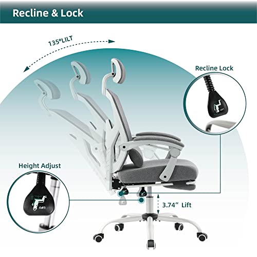 Image of DUMOS Office Desk Computer Chair with Footrest, Ergonomic Mesh Swivel Gaming Chair with Rolling Wheels, Comfortable Headrest, Lumbar Support, Comfy for Home, Office, Task, Student, Elegant Grey