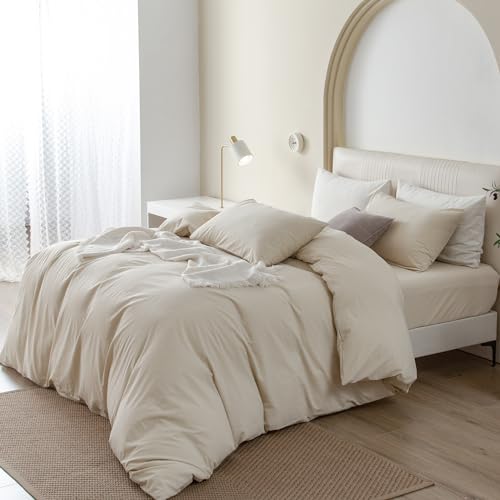 JIYUAN 100% Washed Cotton Duvet Cover Set 3 Pieces Queen, 1 Duvet Cover 90x90 Inches(Comforter Not Included) and 2 Pillowcases,Linen Feel Bedding Set Comfy and Breathable,Heathered Beige