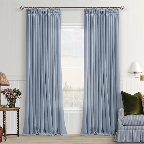 Image of Dusty Blue Pinch Pleated Semi Sheer Linen Curtains 40x108 Inch