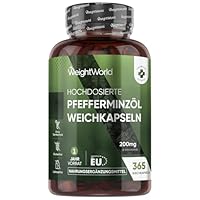 Pfefferminzöl Weichkapseln - 200mg Pfefferminz Öl pro Softgel - 365 Pure Peppermint Oil Weichkapseln - 1 Jahr Vorrat - Glutenfrei, Laktosefrei & Ohne Gentechink - Pfefferminze - WeightWorld