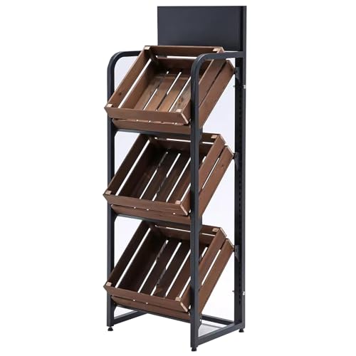 Soporte alto de metal para cesta de frutas de 3 niveles, estante de almacenamiento de cocina con cestas de madera para verduras y productos (marrón, 63 pulgadas)