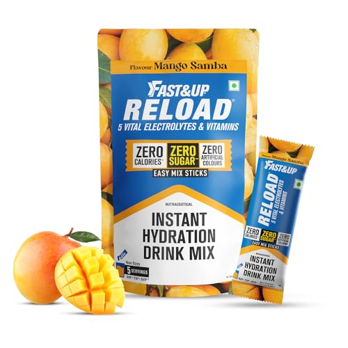 Image of Fast&Up Reload Electrolytes Powder Sachets | Zero Added Sugar Hydration Drink with 5 Essential Electrolytes Vitamin C & B12 | Summer Heat, Workout Recovery, Travel & Wellness | Mango Samba, Pack of 5 Sachets