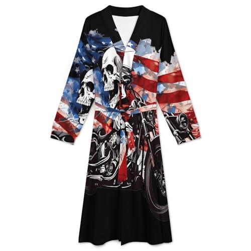 Skull Motorcycle U.S. Flag Soft Robe Long Sleeve Bathrobes V Neck Sleepwear Spa Robes with Belt Men Woman3