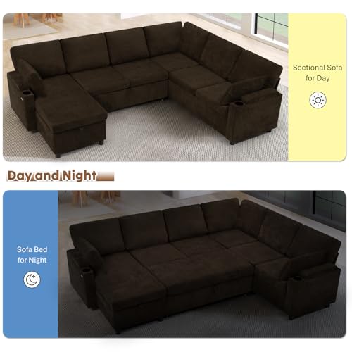 Image of 110 inch Chenille Sectional Sofa w /Pull Out Bed & Storage Chaise, Brown | Reversible U Shape Sofa w /Storage Armrests & Cup Holders, Corner Couch w /USB Charging Port & Throw Pillows for Living Room