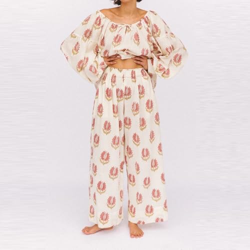 Women Ruffle Pajama Set Long Puff Sleeve Babydoll Shirt Pants Set Gingham 2 Piece Lounge Outfit Sleepwear2