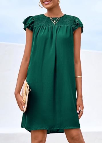 Image of KIRUNDO Wedding Guest Shift Dresses for Women Short Spring Summer Ruffle Cap Sleeve Chiffon Babydoll Flowy Mini Sundress(Dark Green, Small)