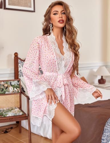 Image of Avidlove Women Lace Kimono Robe Babydoll Sexy Lingerie Mesh Chemise Nightgown Cover Up