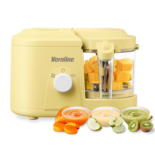 Baby Food Maker, One Button Rotate Control Baby Food Processor, Baby Puree Maker with Steaming and Grinding Functions, Baby Food Steamer and Blender, Yellow