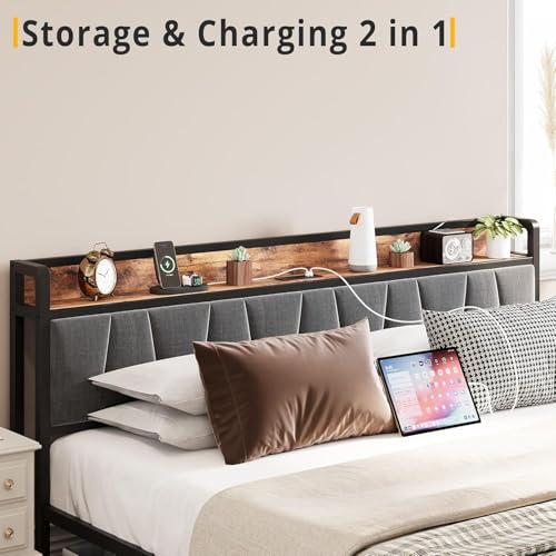 Image of LIKIMIO King Size Bed Frame with 2 Drawers and Charging Station | Platform Bed with Upholstered Storage Headboard, No Box Spring Needed, Easy Assembly, Sturdy, Industrial Brown and Gray