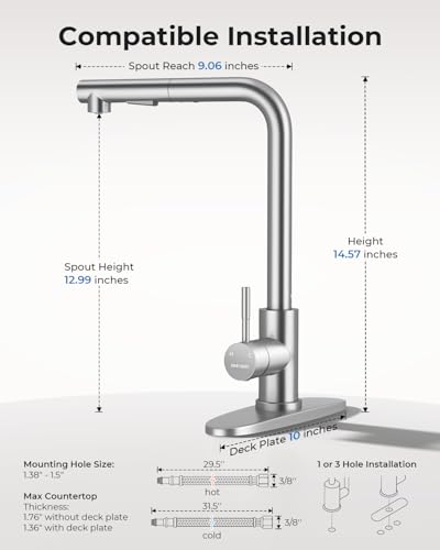 Image of WEWE 14.5-Inch Tall Stainless Steel Kitchen Faucet with Pull Out Sprayer, Brushed Nickel 360 Swivel Sink Faucet with Single Handle for Kitchen /Utility /Laundry /Bar Sink, 1 or 3 Hole