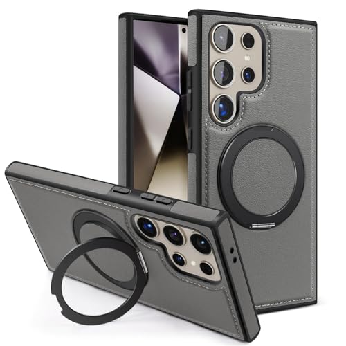 Image of Bumper Case with Kickstand for Samsung Galaxy S-Series Ultra Case Compatible with Wireless Charging | Luxury Aluminum Armor (Ring Leather-Grey, Samsung Galaxy S24 Ultra)
