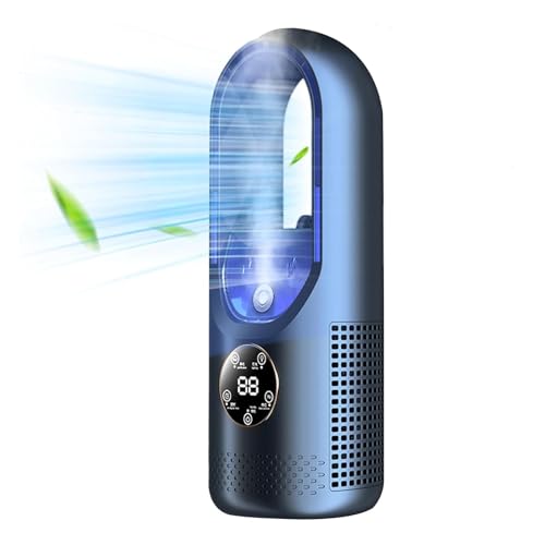 Ventilador sin aspas, ventilador de 6 velocidades con función de temporizador, climatizador multifunción USB, ventilador vertical con pantalla LED, ventilador personal portátil silencioso (Azul)