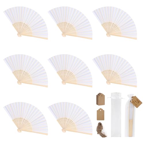 SWAWIS 28 Pezzi Bianca Ventaglio di Carta, Ventagli Pieghevoli con 30 Sacchetti di Organza e Biglietti di Ringraziamento, Ventaglio di bambù Colore Solido per Matrimoni Decorazioni Battesimo DIY