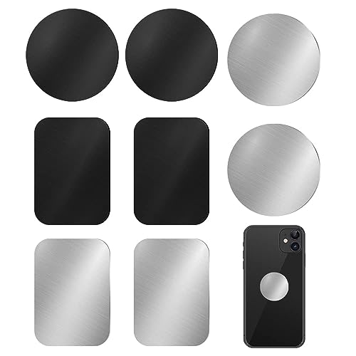GENSMILE Zelfklevende magnetische telefoonhouderplaten, 8 stuks, metalen plaat voor mobiele telefoonhouder in de auto, sterke zelfklevende magneten, ronde rechthoekige vervangingsmetalen stalen plaat