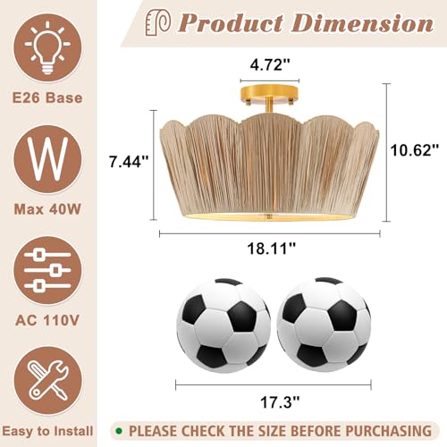 Image of 18 inch Boho Ceiling Light 3-Light Semi Flush Mount Ceiling Light Fixture with Woven Raffia Shade, Boho Light Fixture for Bedroom Kitchen Hallway Entryway