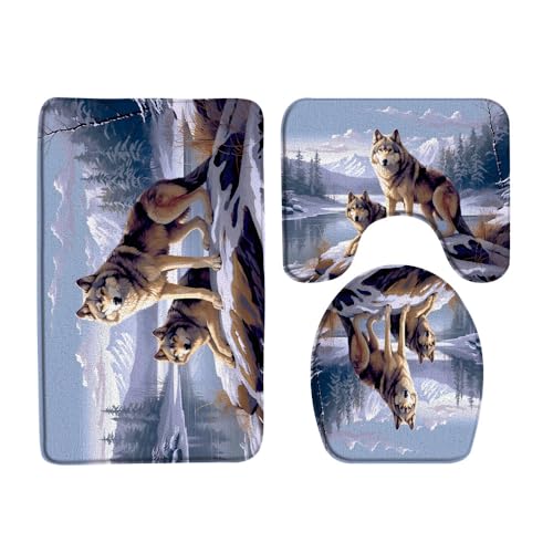 UOZXOML Wolf Bathroom Rug Set of 3,Winter Snowy Forest Mountain Wolf Family Print Pattern Sunset Watercolor Painting Art Bath Mats Set for Bathroom, Non-Slip Washable Cover Floor Rug Decor
