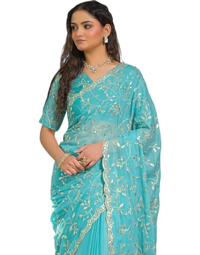 Image of SIRIL Women's Georgette Embroidery Saree With Unstitched Blouse