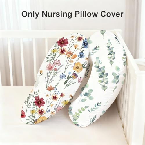 Image of Little Grape Land Nursing Pillow Covers 2 Pack, Soft & Breathable Removable Breastfeeding Pillows Covers for Feeding Pillows, Nursing Pillow Slipcover for Baby Girls Boys, (Leaves & Flowers)