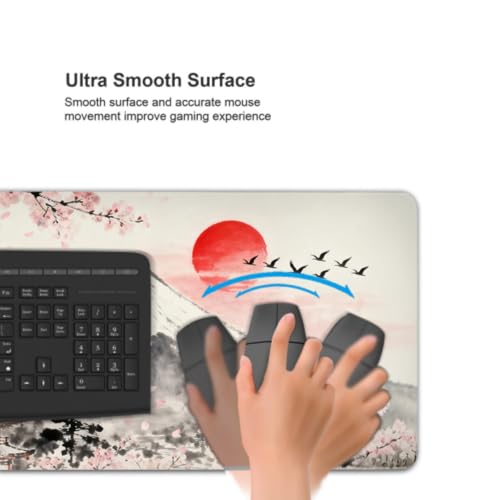Image of Japanese Mouse Pad 35.4x15.7 XXL Grey Pink Cherry Blossoms Mountain Watercolor Extended Large Mousepad Keyboard Mouse Mat Desk Pad with Non-Slip Rubber Base Stitched Edges for Home Office Game