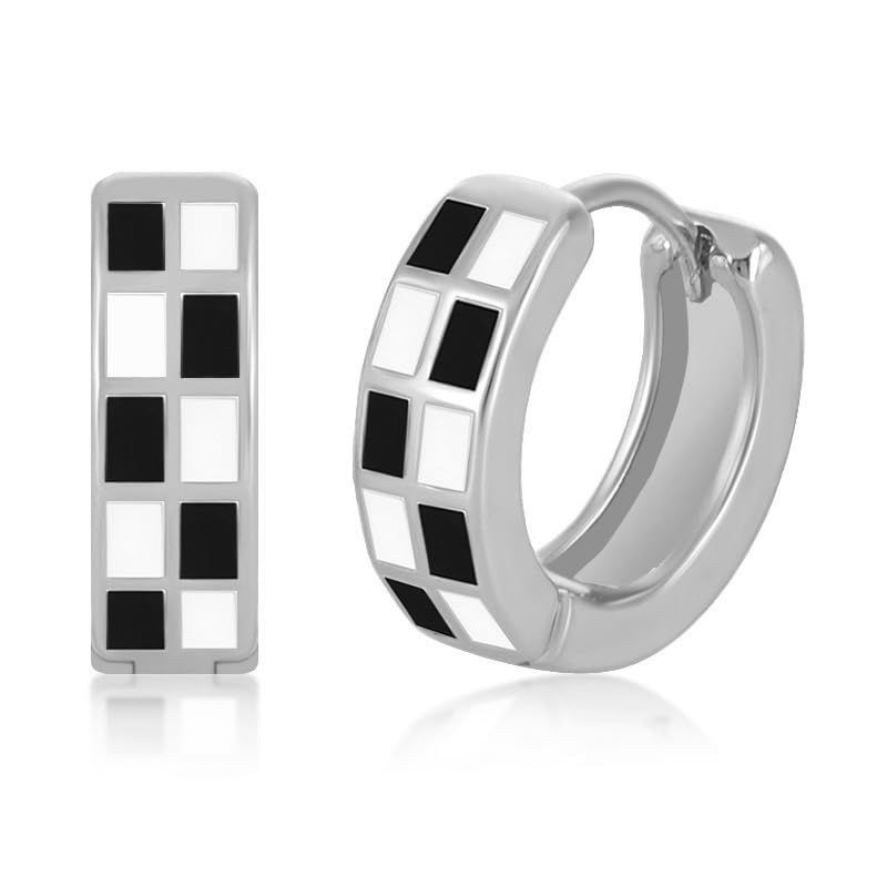 Checkered Earring For Women, Dainty Circle Checker Hoop Earrings, 18K Gold Plated Filled Enamel Checker Hoop Round Earrings, Hypoallergenic Fashion