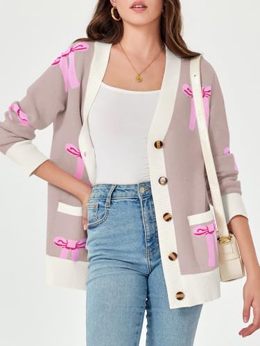 Saodimallsu Womens Oversized Cardigan Sweaters Bow Printed Button V Neck Long Sleeve Loose Knit Fall Trendy Coats4