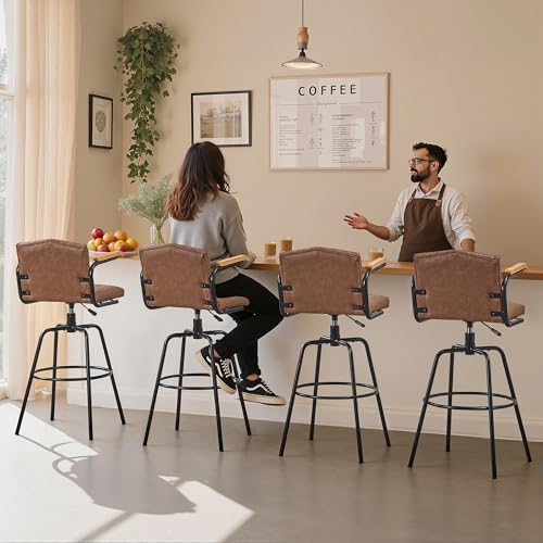 Butacos regulables giratorios VECELO, juego de 2, sillas de bar tapizadas en cuero sintético con respaldo y reposabrazos, estilo moderno con estructura de 4 patas para isla de cocina y bar miniatura 4