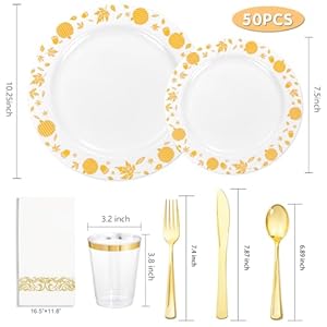 350Piece Gold Thanksgiving Dinnerware Set for 50 Guests - Gold Thanksgiving Plates Dinnerware with Disposable Cutlery Include:50Dinner Plates-50Dessert Plates-50Napkins with Gold Silverware 350Piece Gold Thanksgiving Dinnerware Set for 50 Guests Gold Thanksgiving Plates Dinnerware with Disposable Cutlery Include50Dinner Plates 50Dessert Plates 50Napkins with Gold Silverware