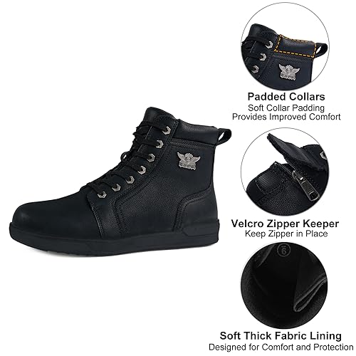 Men's Motorcycle Riding Shoes Street Riding Shoes Breathable Biker Boots Sneakers Powersports Footwear, Black Faux Leather Lace Up Boots with Ankle Support for Men, Anti-Slip Sole, Side Zipper4