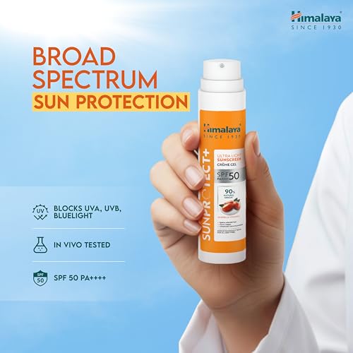 Image of Himalaya Sun Protect+ Ultra Light Sunscreen | Creme Gel | 90% Natural Origin Ingredients | In vivo tested SPF 50 PA++++ | Dermatologically tested for all skin types | No white cast | Sweat Resistant | 50g