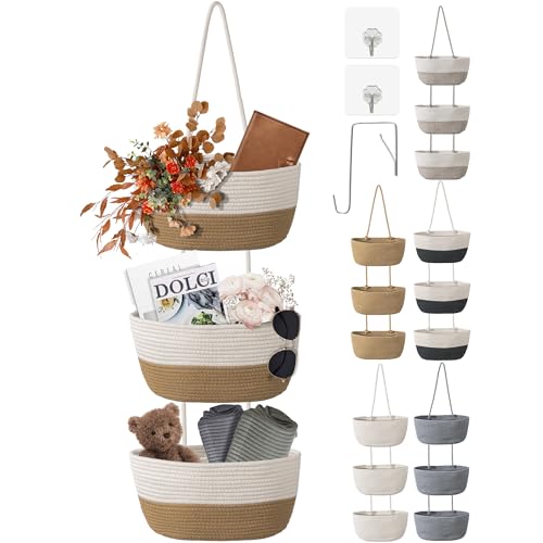 Image of wymulot 3 Tier Wall Mounted Woven Hanging Basket, Over the Door Hanging Basket with Hooks, Decorative Storage Hanging Closet Removable, Large Wall Basket for Living Room, Bedroom (White & Brown)