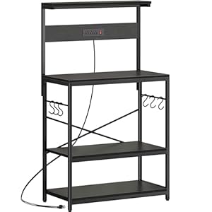 SUPERJARE Bakers Rack with Power Outlets, Microwave Stand, 31.5 X 16.5 Inch Larger Desktop, Kitchen Storage Rack with Adjustable Middle Shelf, 6 S-Shaped Hooks, Coffee Bar Stand, Black