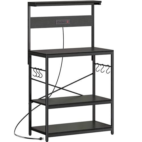 SUPERJARE Bakers Rack with Power Outlets, Microwave Stand, 31.5 X 16.5 Inch Larger Desktop, Kitchen Storage Rack with Adjustable Middle Shelf, 6 S-Shaped Hooks, Coffee Bar Stand, Black