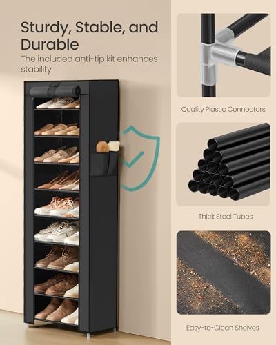 Image of SONGMICS 10-Tier Shoe Rack, Shoe Storage Cabinet with Dustproof Cover, Free-Standing Storage Organizer for Closet, Entryway, Hold 20 Pairs of Shoes, for Sneakers, High Heels, Black URXJ034BH01