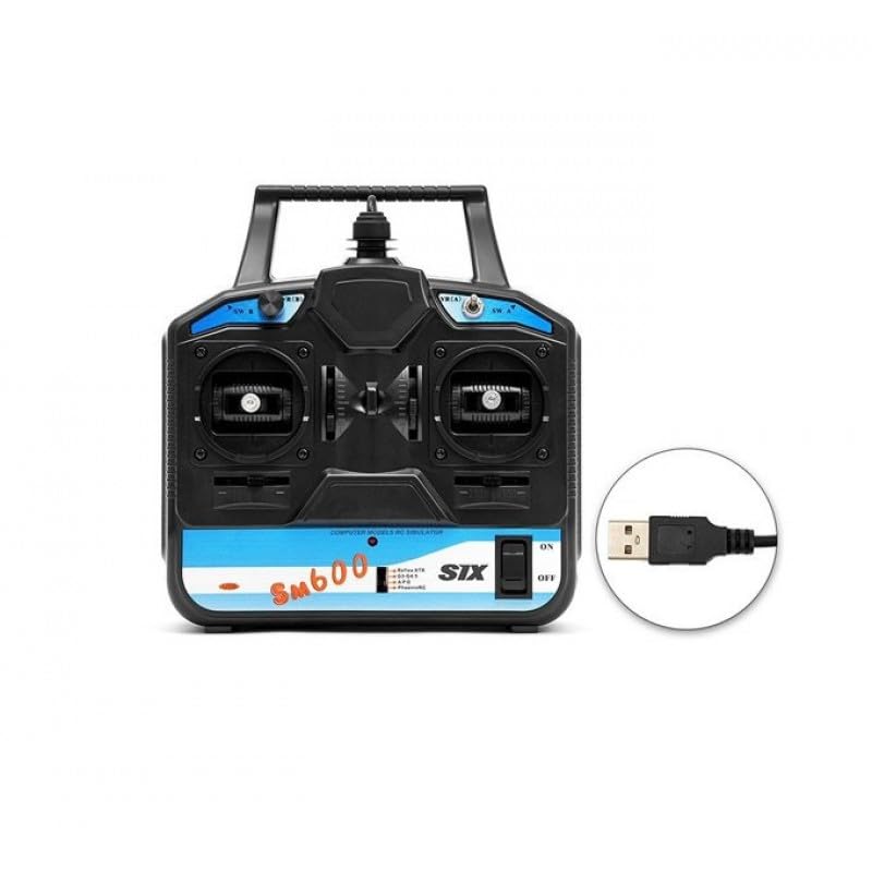 Front view of the REES52 FLYSKY FS-SM600 controller with a detailed inset of the USB connector