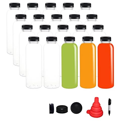 BPFY 20 Stück leere Kunststoff-Saftflaschen mit Kappen, wiederverwendbare Getränkebehälter mit schwarzen manipulationssicheren Deckeln, Trichter für Saft, Milch, Smoothies, Wasser, Kaffee Cover