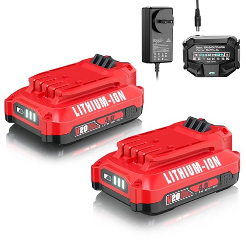 JUNWOOD 2Pack 4.0Ah Replacement for Craftsman 20V Battery and Charger Compatible with Craftsman 20 Volt Lithium V20 Battery CMCB201 CMCB202 CMCB203 CMCB204 CMCB205 CMCB206 Cordless Power Tools