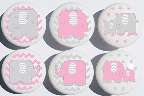 Pink Elephant Drawer Pulls Jungle Safari Elephant Nursery Decor Ceramic Cabinet Drawer Knobs, 6 Set (Pink Elephants)