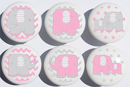 Pink Elephant Drawer Pulls Jungle Safari Elephant Nursery Decor Ceramic Cabinet Drawer Knobs, 6 Set (Pink Elephants)