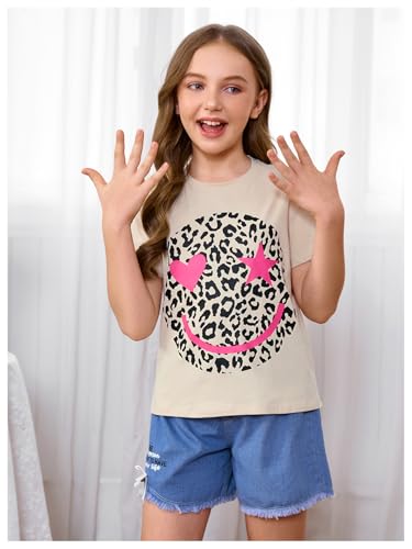 Image of WDIRARA Girl's Leopard Graphic T Shirt Crew Neck Short Sleeve Tee Shirts Cute Tops